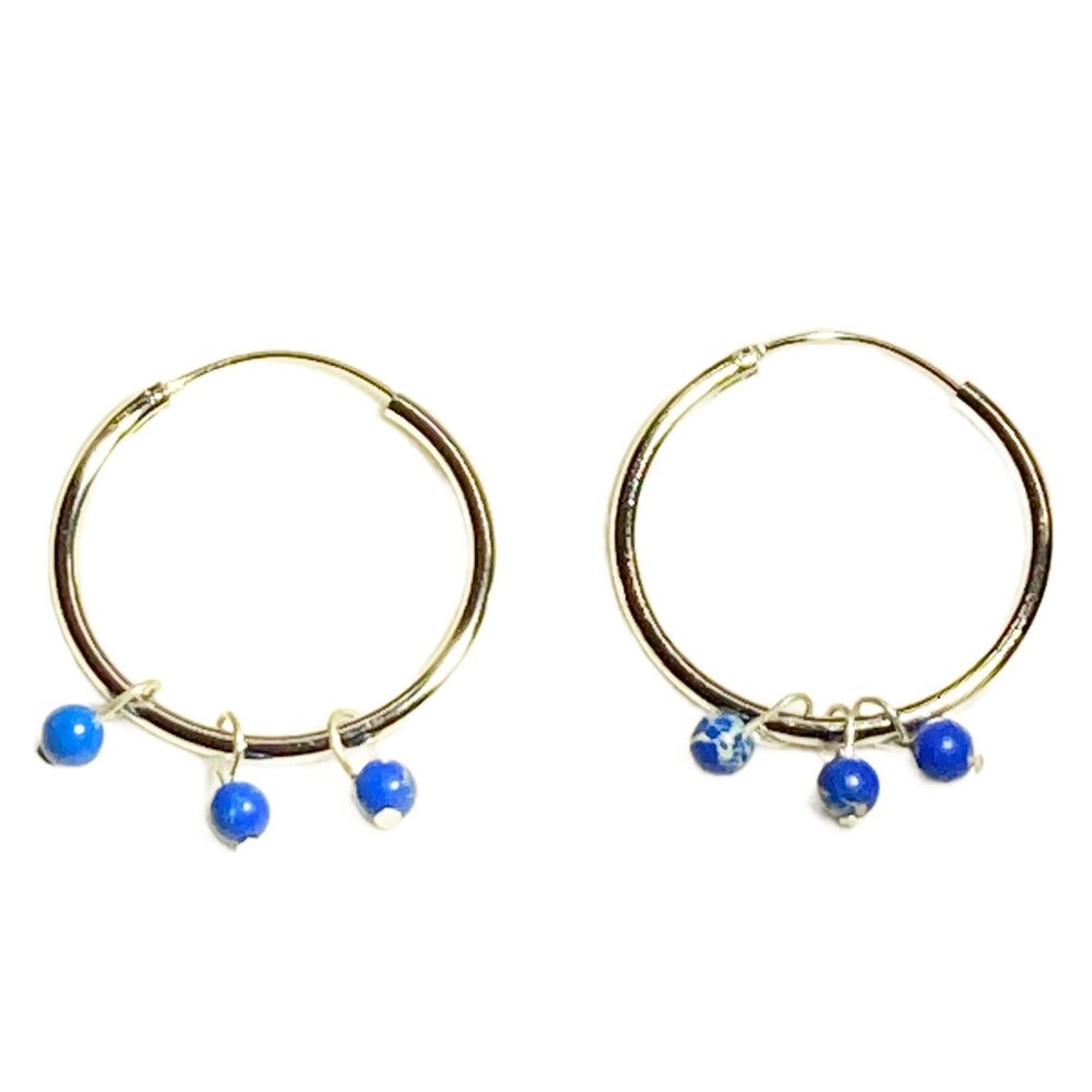 ulSilver 1.18 inch hoop earring with real lapis Luzuli beads hand crafted